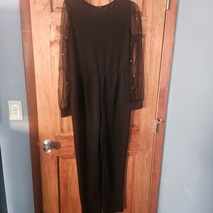 NWOT Elegant Black Jumpsuit with Sheer Sleeves Faux Pearls Size Large